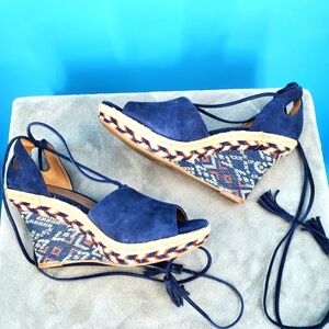 Cabi blue suede woven Aztec heel sandals 7